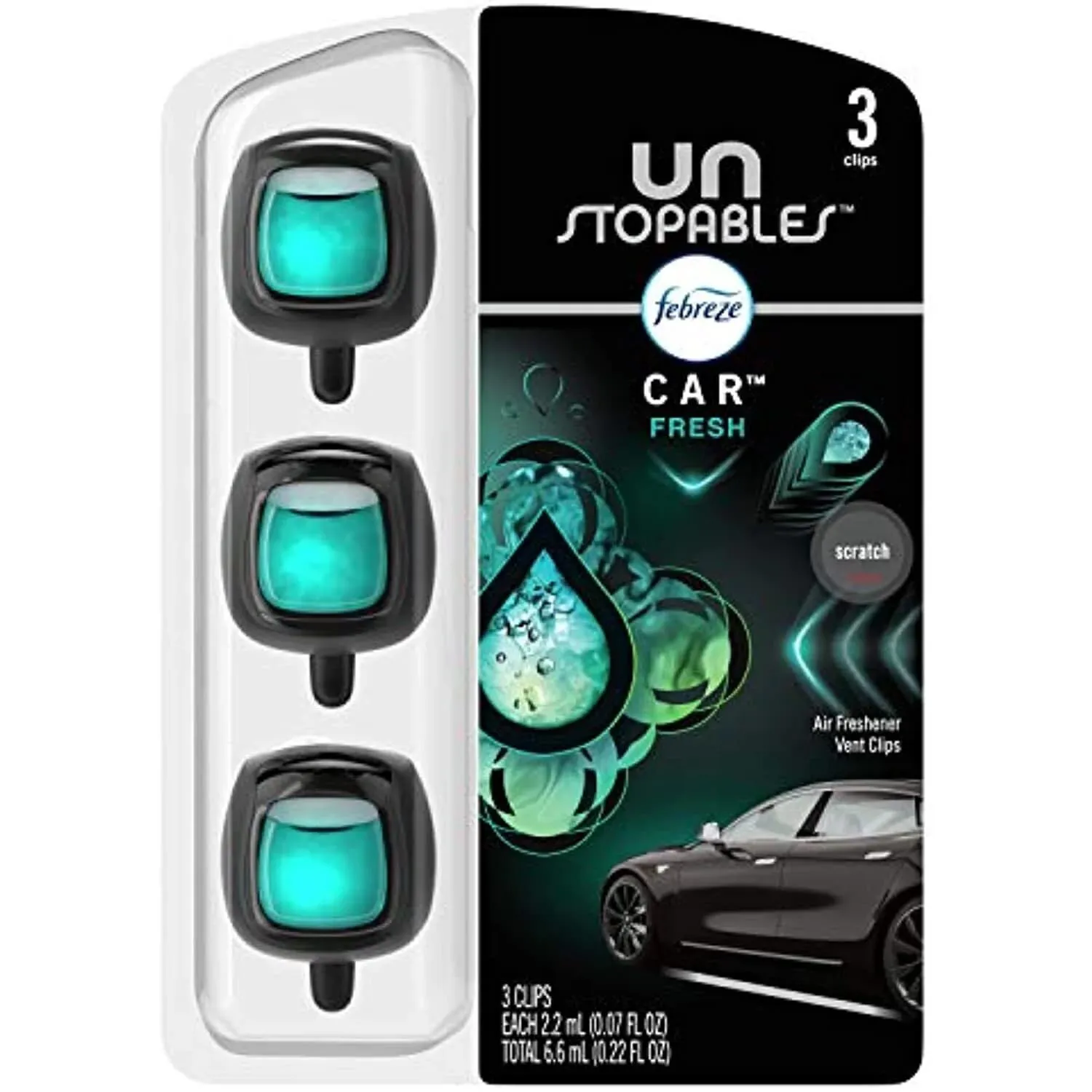 Febreze Unstopables Car Odor-Fighting Car Freshener Vent Clip Fresh, .07 fl oz. Car Vent Clip, Pack of 3