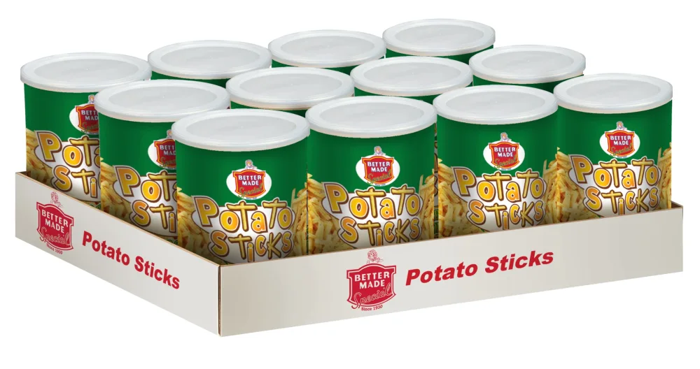 Better Made Potato Sticks 5oz Canister- (Sour Cream & Onion, 12 Can Tray) - Shoestring Potato Sticks - Gluten Free - Crunchy, Crispy Snack from Fresh Potatoes - Resealable Lid