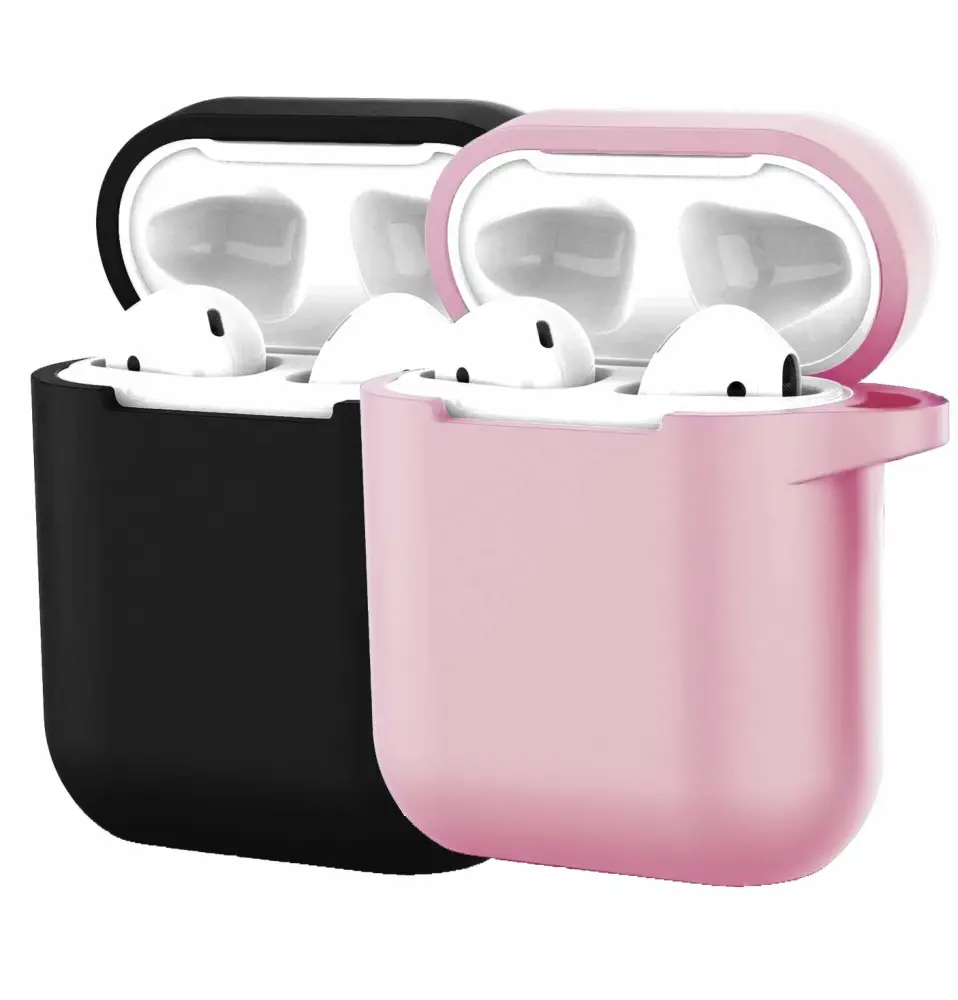 [2Pack] Compatible with Airpods 1/2 USB Wire Charging Case, Protective Thicken Airpods Cover Soft Silicone Chargeable Headphone Case -Black+Pink