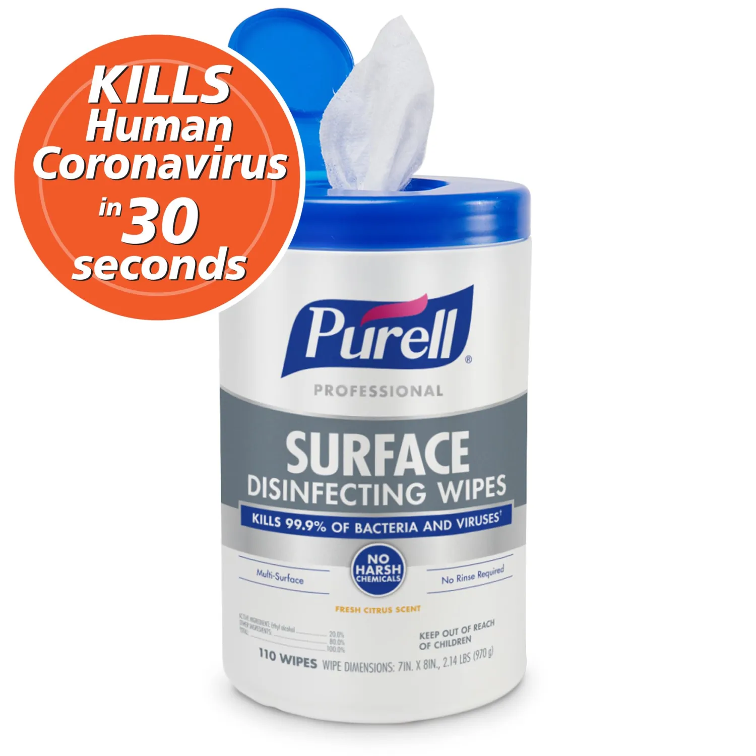 Purell® Professional Surface Disinfecting Wipes, 7" x 8", 110 Wipes Per Canister