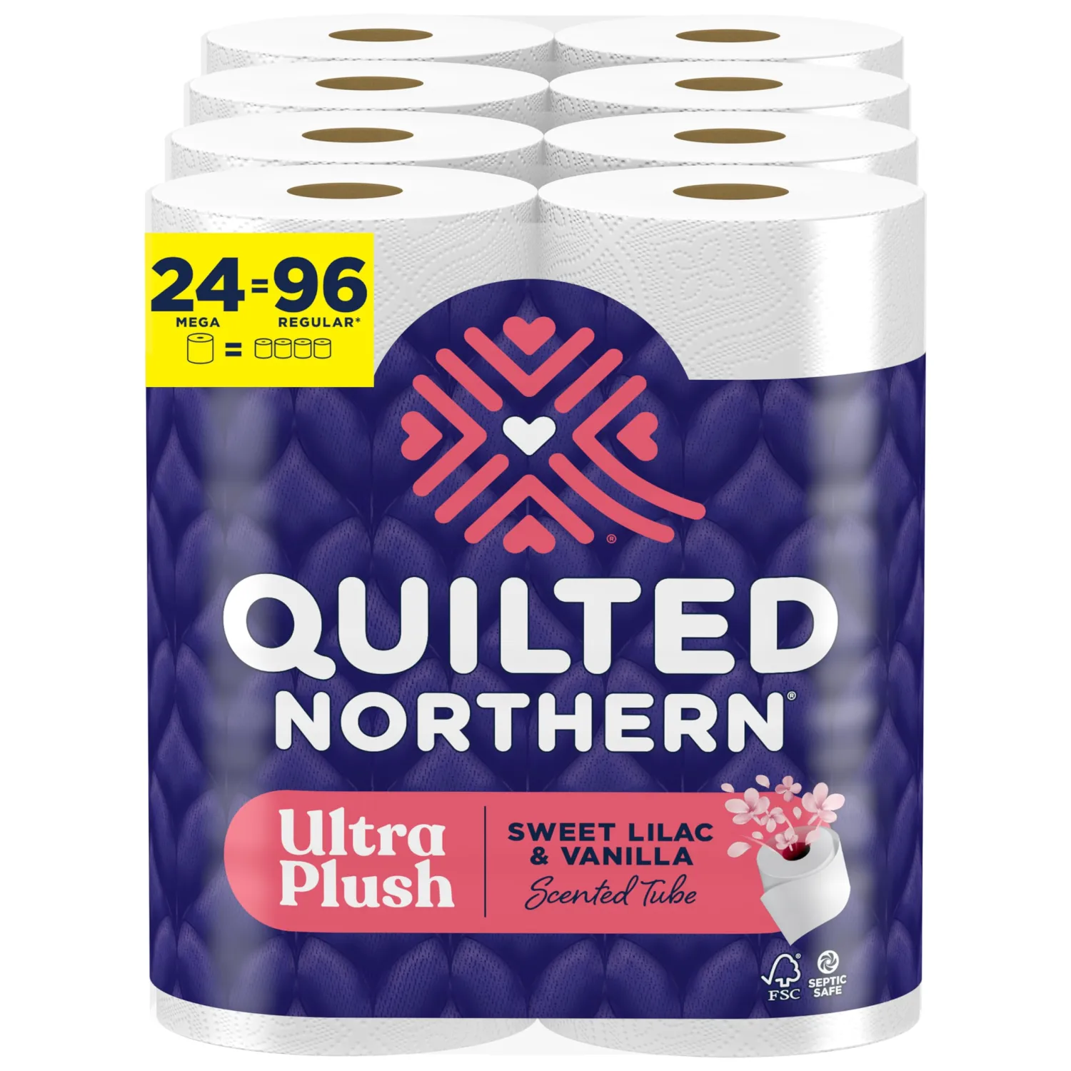 Quilted Northern Ultra Plush Toilet Paper with Sweet Lilac & Vanilla Scented Tube, 24 Mega Rolls = 96 Regular Rolls (Packaging May Vary) White