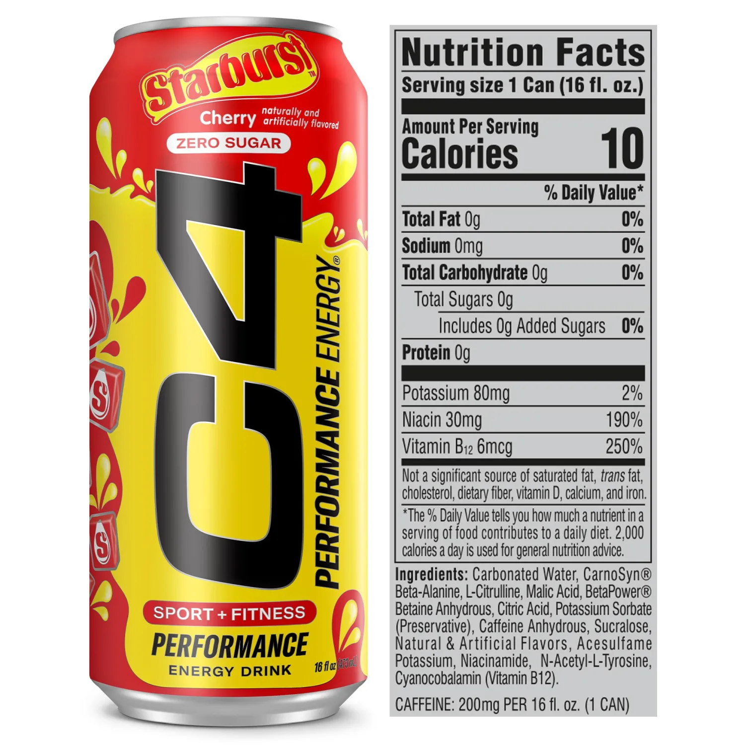 Cellucor C4 Energy Drink, Starburst Cherry, Carbonated Sugar Free Pre Workout Performance Drink with no Artificial Colors or Dyes, 16 Oz, 12 count
