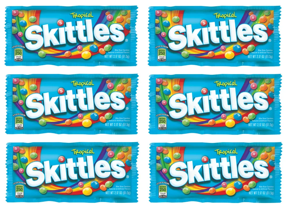 SKITTLES - Original, Wild Berry, Tropical, Smoothies, Sour, Brightside, All Lime - Full Size, Bite Size Candy, Individual Packs - Great For Holidays, Parties, Gifts & More ! (Tropical - 2.17 Ounce, 6 Count)