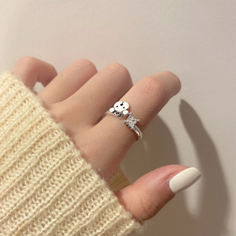 Personalized Vintage Bear Single Diamond Adjustable Ring Simple