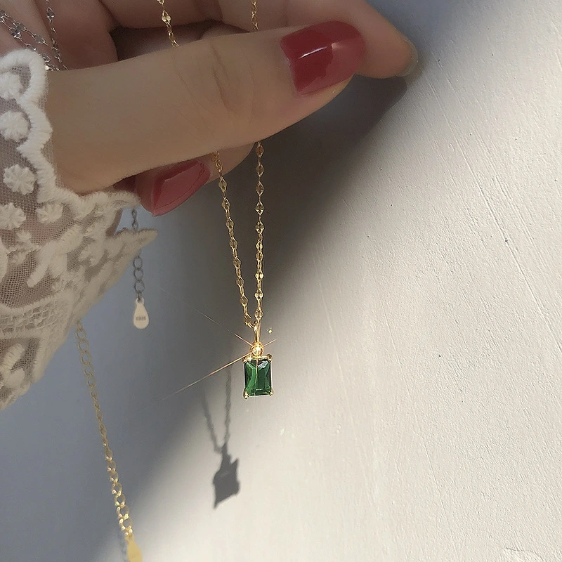 Green Square Diamond Pendant Necklace 925 Silver Collar Chain Advanced Design