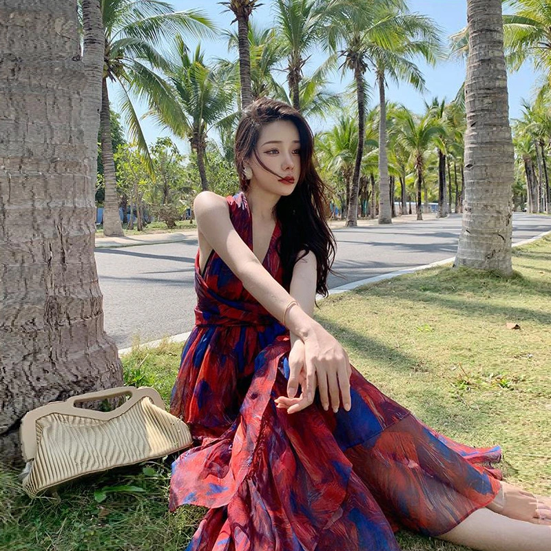 Floral Print Holiday Dress Hanging Neck V-neck Sexy Spice Chiffon