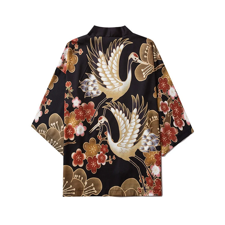 Japanese Kimono Ukiyo-e Robe Crane Print Three-quarter Sleeve Loose Men's And Women's Fashion Buckle-free Shirt