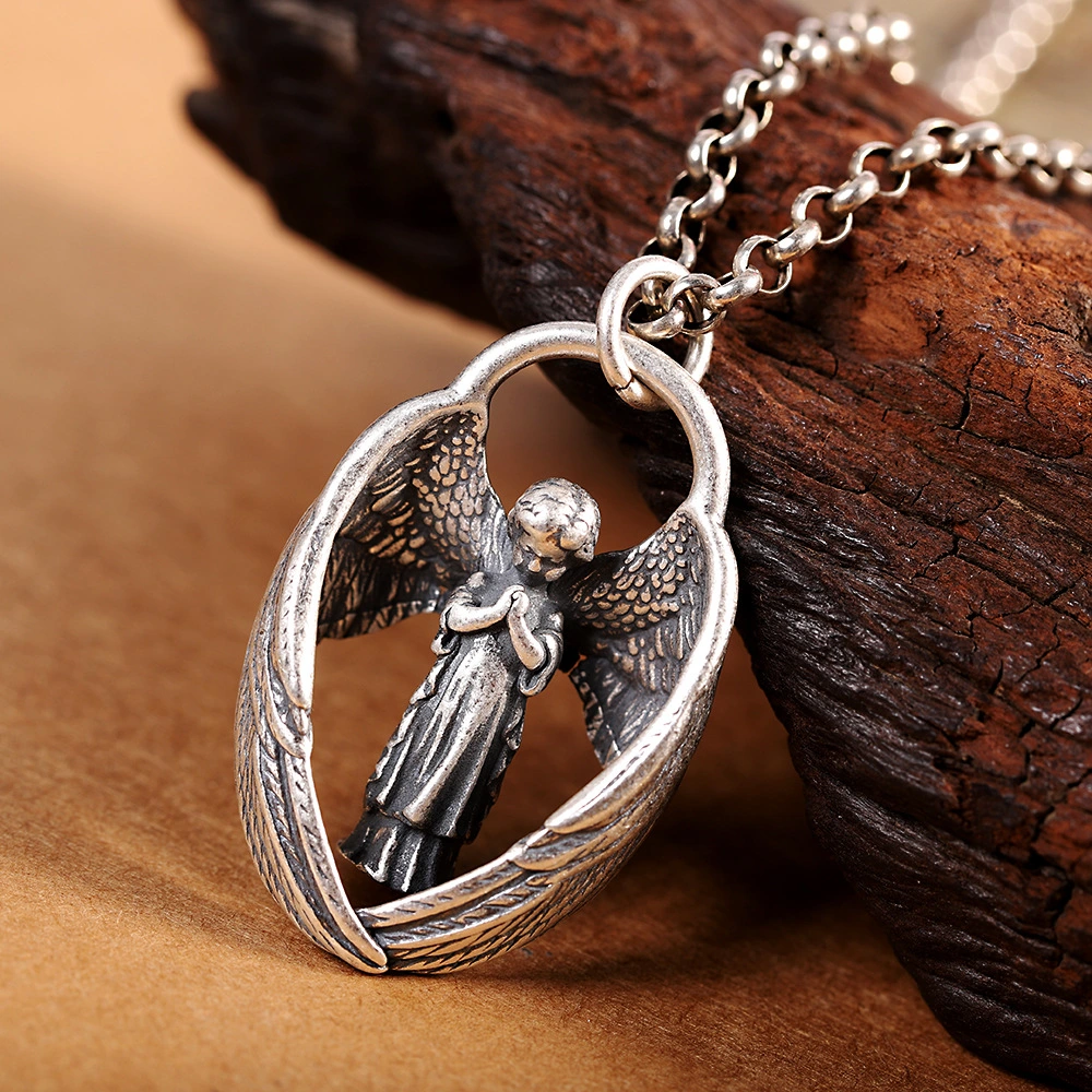 S925 Silver Carved Angel Pendant Fashion Retro Women's