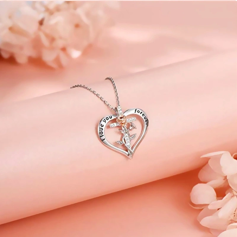 Women's Fashion Simple Heart-shaped Cross With Diamonds Necklace