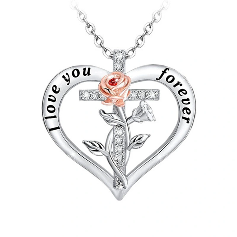Women's Fashion Simple Heart-shaped Cross With Diamonds Necklace