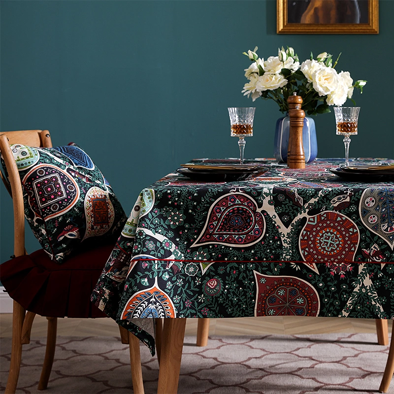 Cotton Cloth Art Dark Green Flower Restaurant Rectangular Table Cloth Tablecloth