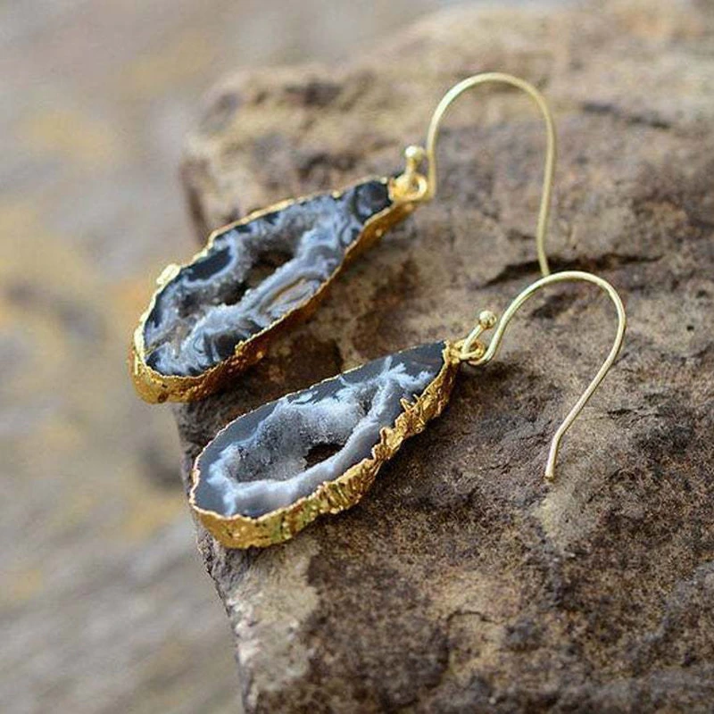 Vintage Agate Edging Hollowed-out Water Drop Irregular Earrings