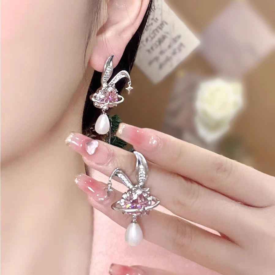 Micro Inlaid Powder Zirconium Rabbit Earrings Women's Light Luxury