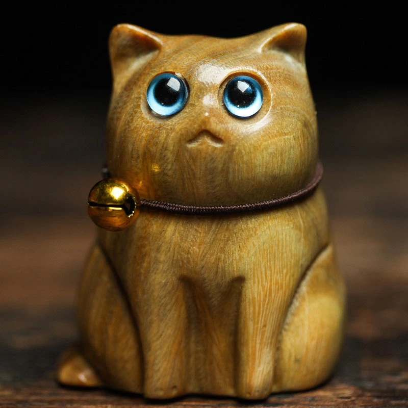 Green Sandalwood Carved Kitty Creative Decoration Cute Wooden Cat Crafts Simple Jewelry