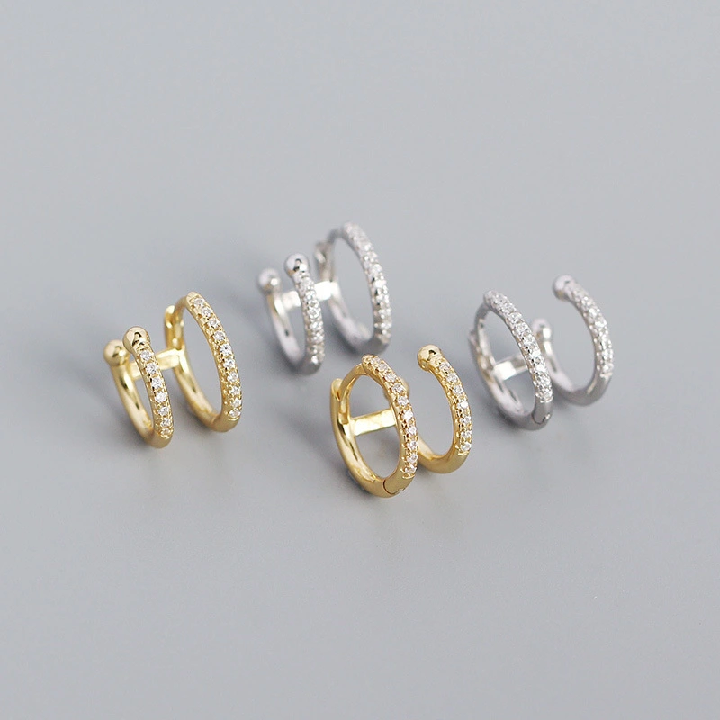 S925 Silver Geometric Metal Double Round Micro Inlaid Zircon Ear Buckle Earrings