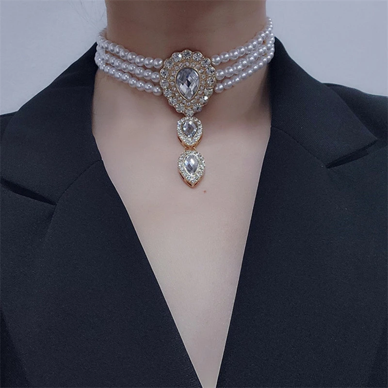 Diamond Drop Pearl Layered Necklace