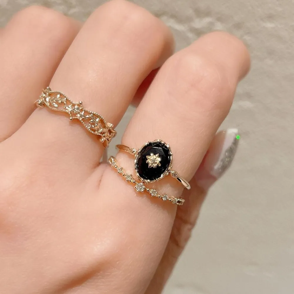 Natural Black Agate Flower Cut Ring