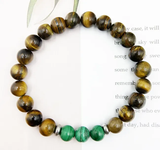 Natural Malachite Tiger Eye Stainless Steel Beaded Bracelet