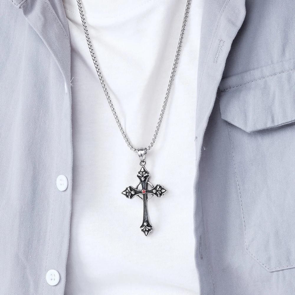 Titanium Steel Inlaid Garnet Red Diamond Cross Pendant