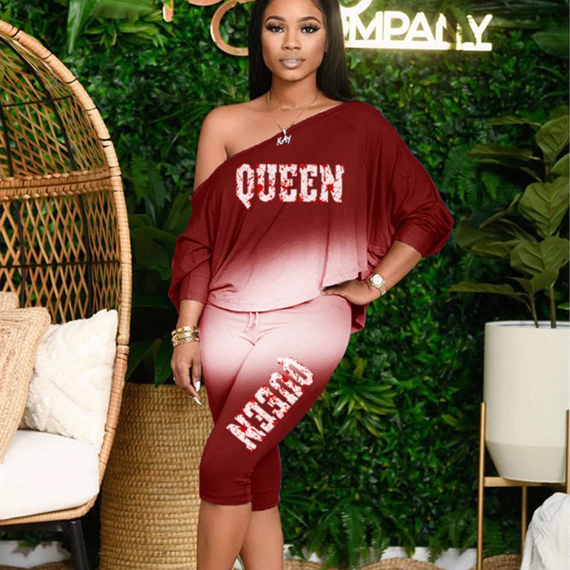 Gradient Slanted Shoulder Plus Size Women's Two-piece Suit