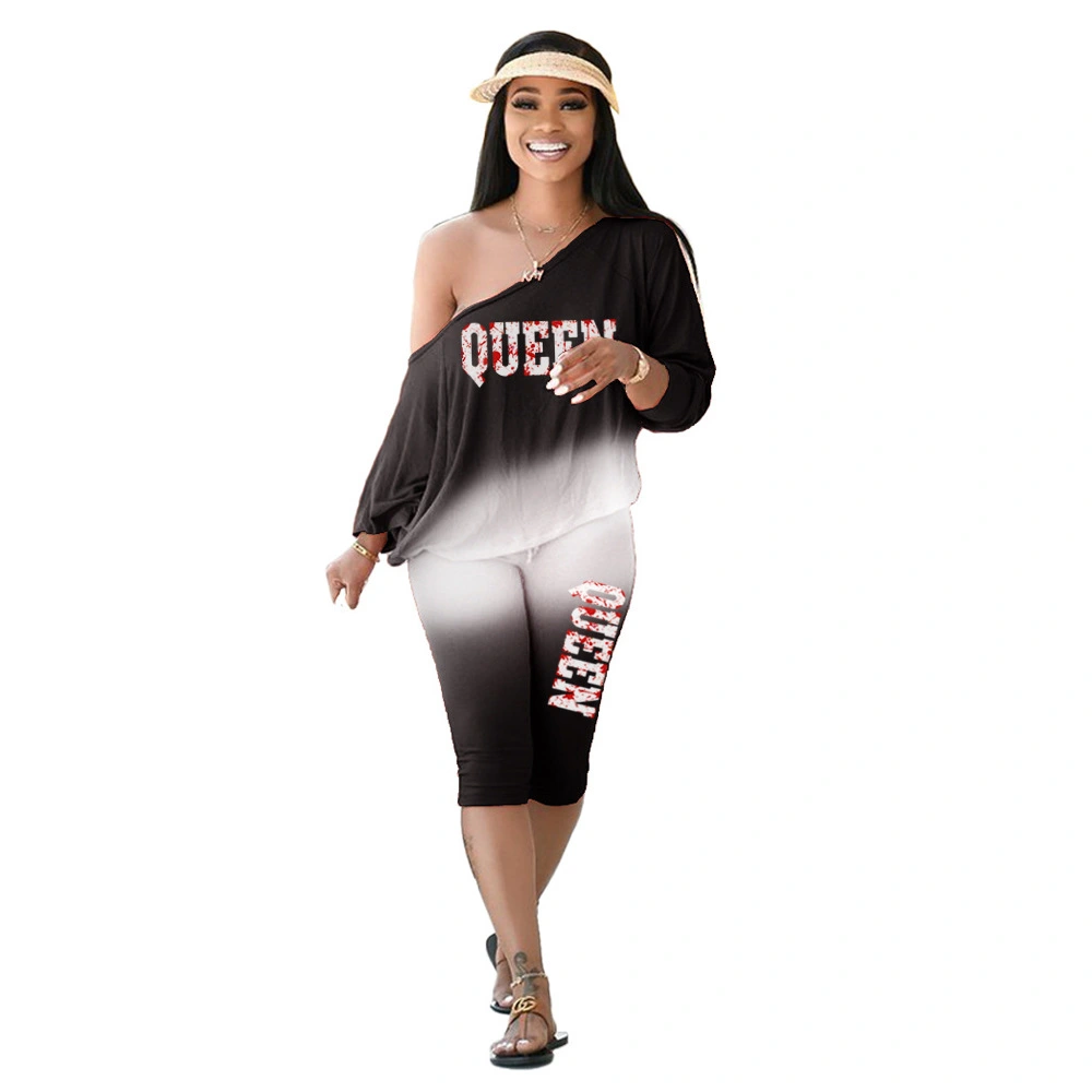 Gradient Slanted Shoulder Plus Size Women's Two-piece Suit