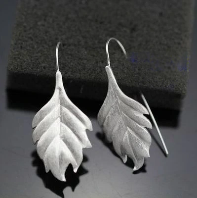 S925 Sterling Silver Thai Craft Flower Earrings Temperament Long Leaf Jewelry