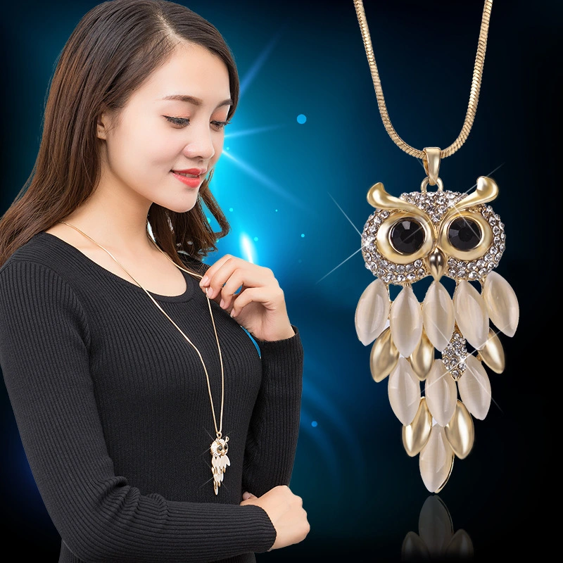 Fashionable All-match Long Necklace Female Owl Opal Sweater Chain