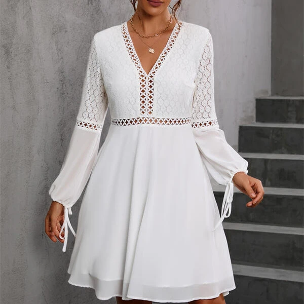European And American V-neck Long Sleeve Lace Stitching Dress