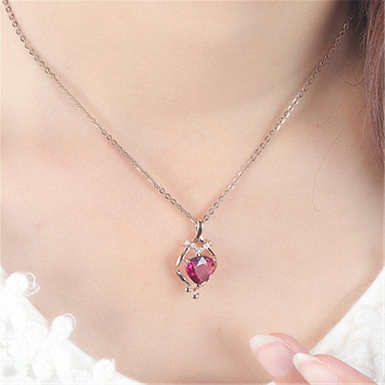 Women's Diamond Heart Pendant Necklace 18K Plated With Red Tourmaline