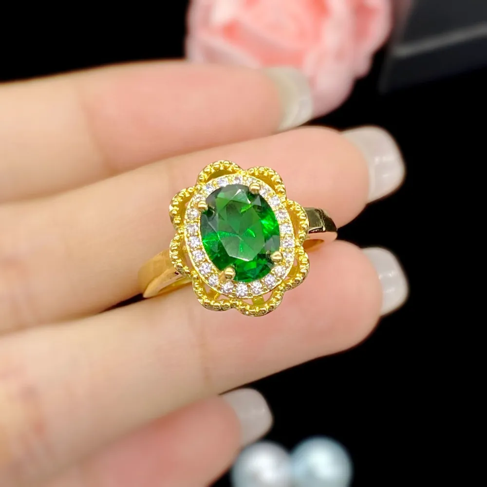 Hollowed Out Flower Shape Simulation Emerald Tourmaline Color Treasure Ring Female Yellow Gold