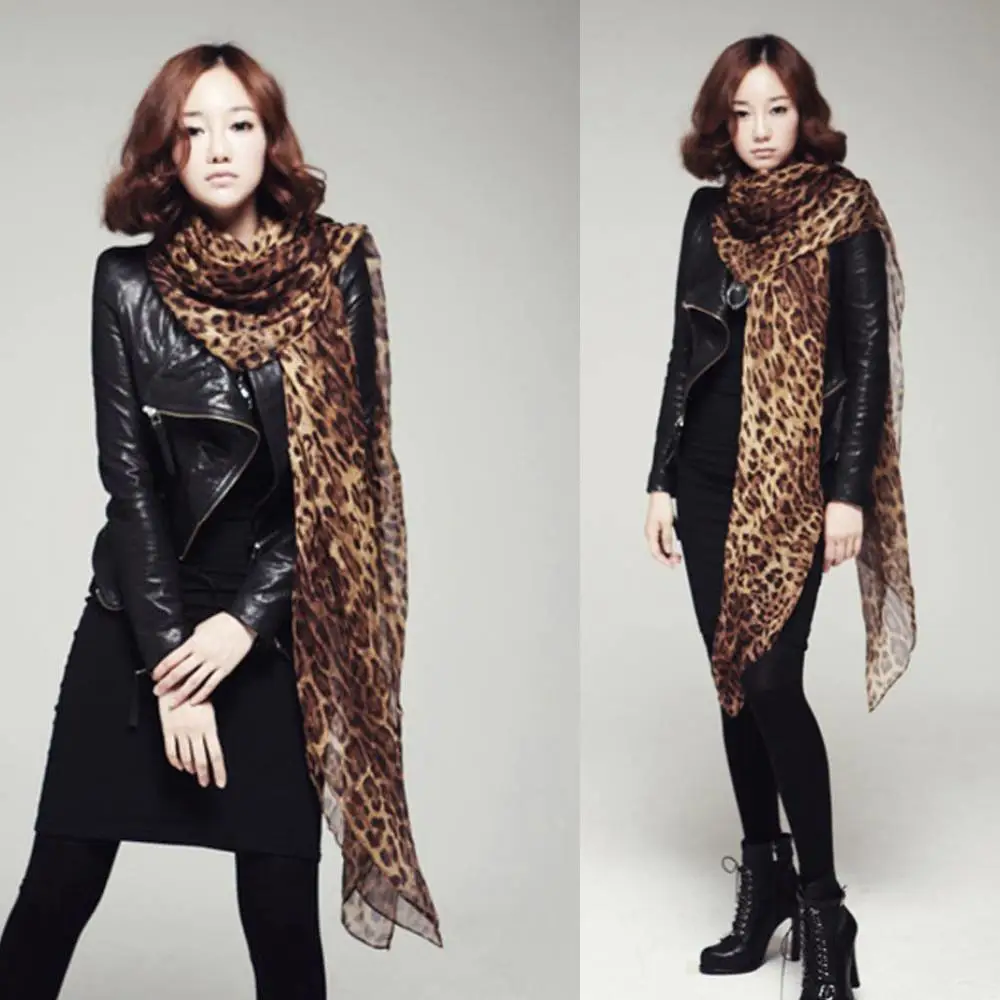 Fall Winter Fashion Chiffon Leopard Print Scarf Super Long Shawl Women's Classic Linen Leopard Print European And American Foreign Trade Scarf