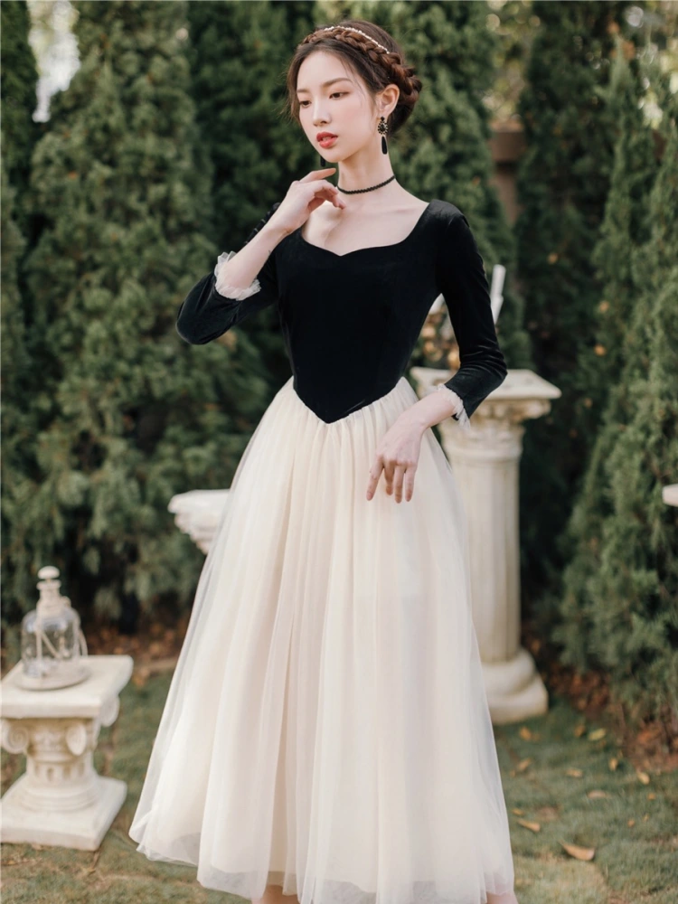 Girl Velvet Stitching Mesh Dress Temperament Little Black Skirt Fluffy Skirt