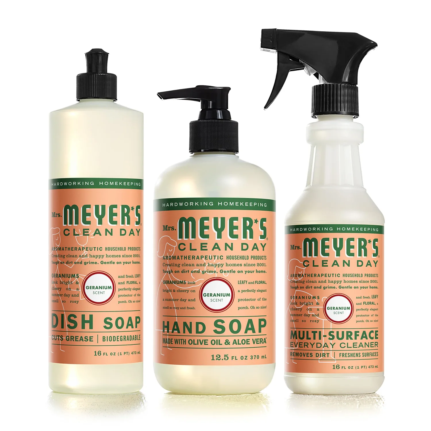 Mrs. Meyer's Kitchen Essentials Set, Includes: Hand Soap, Dish Soap, and All Purpose Cleaner, Geranium, 3 Count Pack