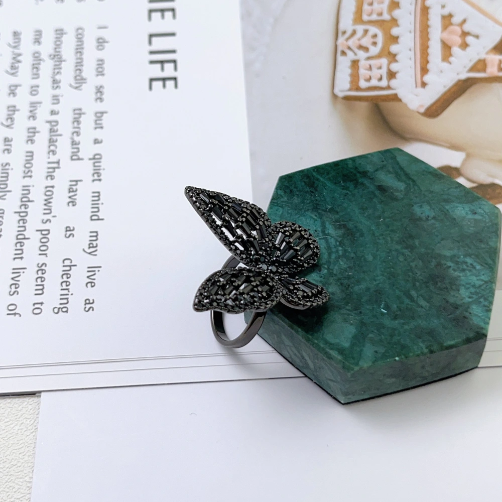 Black Butterfly Zircon Ring Copper Women's