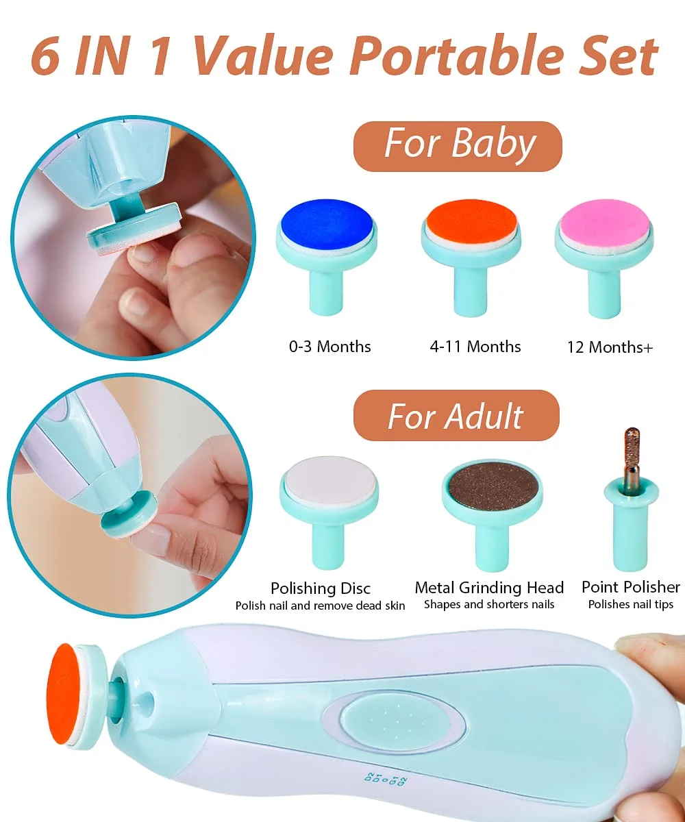 Electric Baby Nail Trimmer File,Hopene Safe Baby Nail File Set with 6 Grinders Manicure Kit,Efficient,Whisper-Quiet,ABS Electric Nail File with LED Light,for Newborn,Toddler,Infant(Blue)
