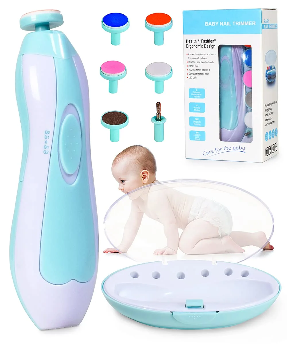 Electric Baby Nail Trimmer File,Hopene Safe Baby Nail File Set with 6 Grinders Manicure Kit,Efficient,Whisper-Quiet,ABS Electric Nail File with LED Light,for Newborn,Toddler,Infant(Blue)