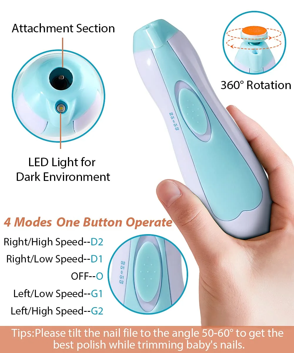 Electric Baby Nail Trimmer File,Hopene Safe Baby Nail File Set with 6 Grinders Manicure Kit,Efficient,Whisper-Quiet,ABS Electric Nail File with LED Light,for Newborn,Toddler,Infant(Blue)