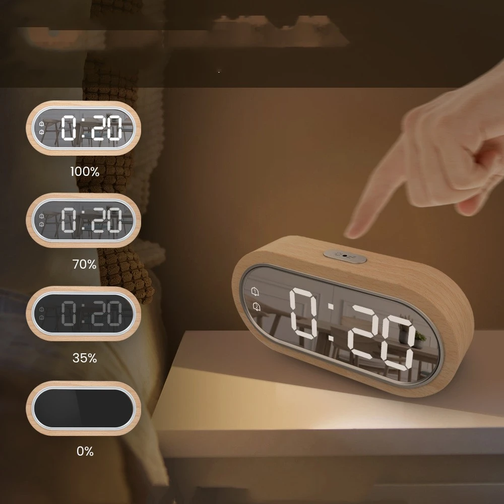 LED Alarm Clock Wooden Clock Indoor Display Temperature Student