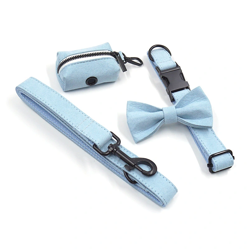 Light Blue Short Velvet Black Buckle Pet Collar Leash Bow