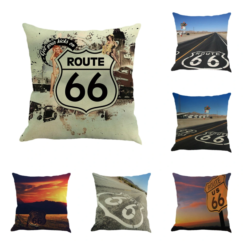 Us Route 66 Linen Hold Pillowcase Back Pillow Car Sofa Cushion