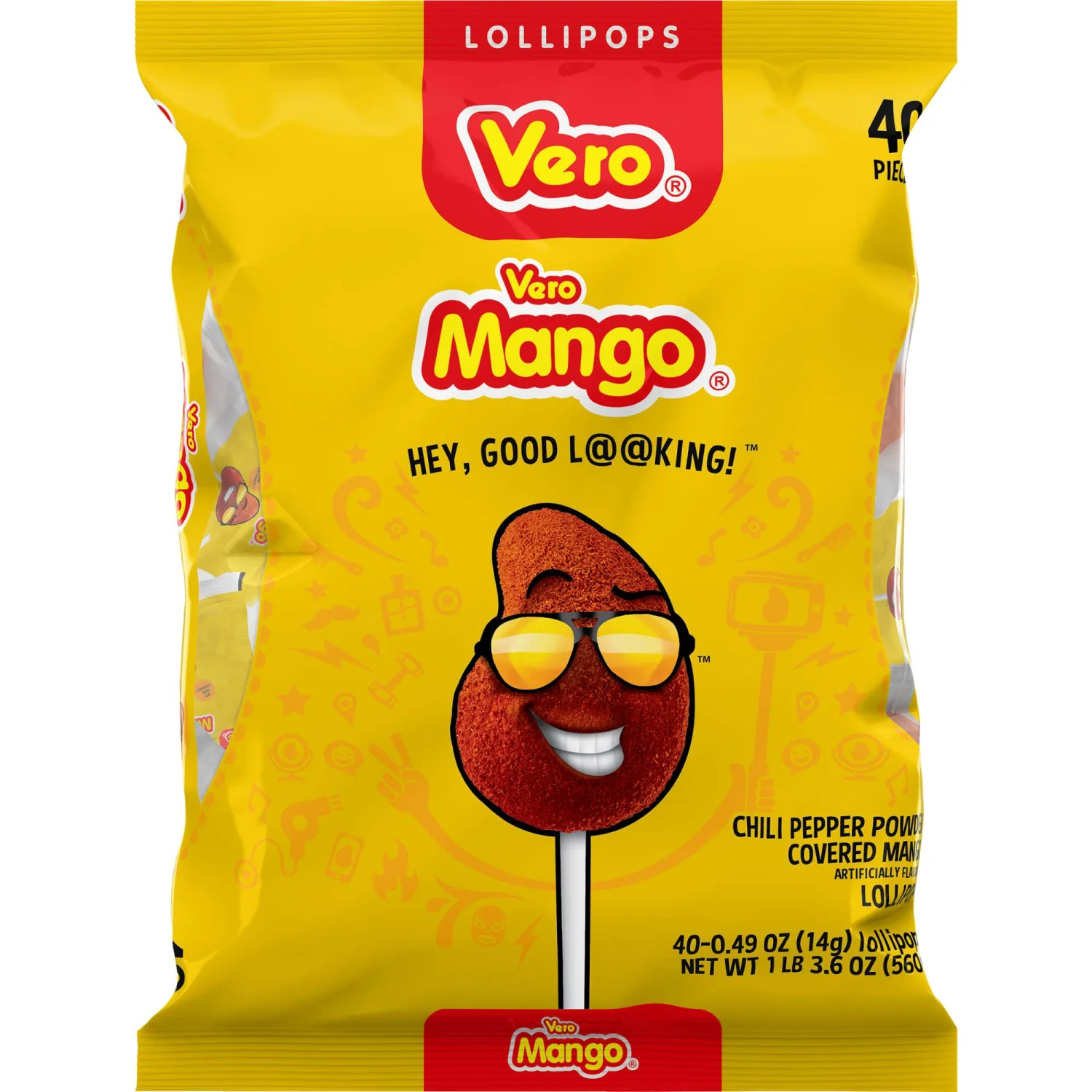 Vero Mango Lollipops Coated with Chili Powder, Hot and Sweet Candy Treat, Artificially Flavored, Net Wt. 19.7 Ounces, 40 Count Bag