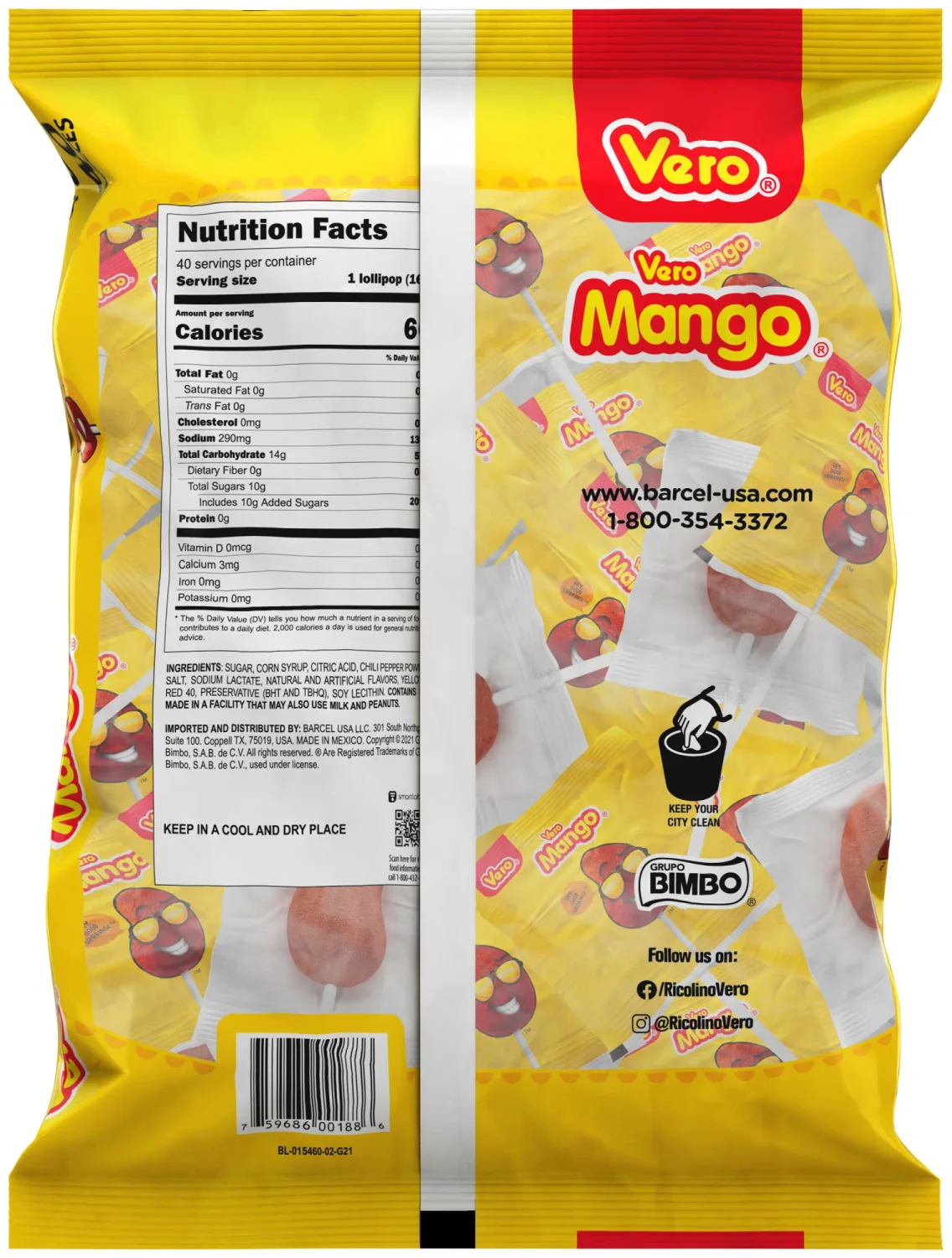 Vero Mango Lollipops Coated with Chili Powder, Hot and Sweet Candy Treat, Artificially Flavored, Net Wt. 19.7 Ounces, 40 Count Bag