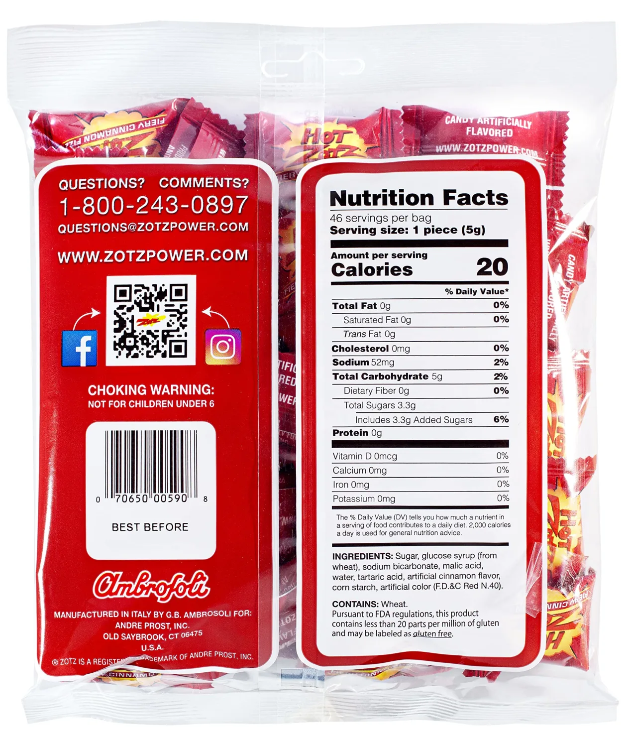 Zotz Fizzy Old Fashioned Hard Candy - Fiery Cinnamon Flavored Candy, Individually Wrapped Hard Candy -Filled Hard Candy - Gluten -Free, From Italy Since 1970 (Bag 46 Units)