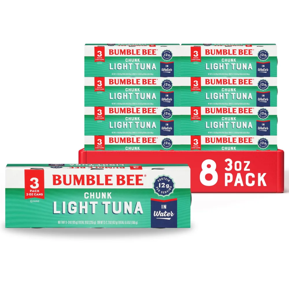 Bumble Bee Chunk Light Tuna In Water, 3 oz Cans (8 Packs of 3, 24 Cans Total) - Wild Caught Skipjack Tuna - 12g Protein Per Serving - MSC Certified Sustainable Seafood, Non-GMO, Gluten Free, Kosher