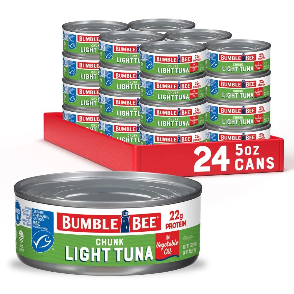 Bumble Bee Chunk Light Tuna In Oil, 5 oz Cans (Pack of 24) - Wild Caught Skipjack Tuna - 22g Protein Per Serving - MSC Certified Sustainable Seafood, Non-GMO, Gluten Free, Kosher