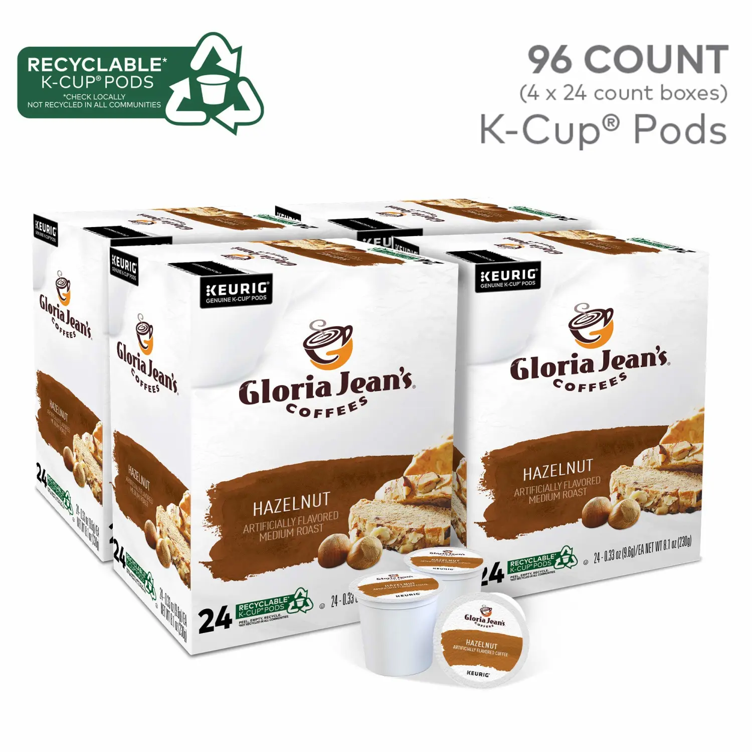 Gloria Jean's Coffees Hazelnut, Single-Serve Keurig K-Cup Pods, Flavored Medium Roast Coffee, 96 Count