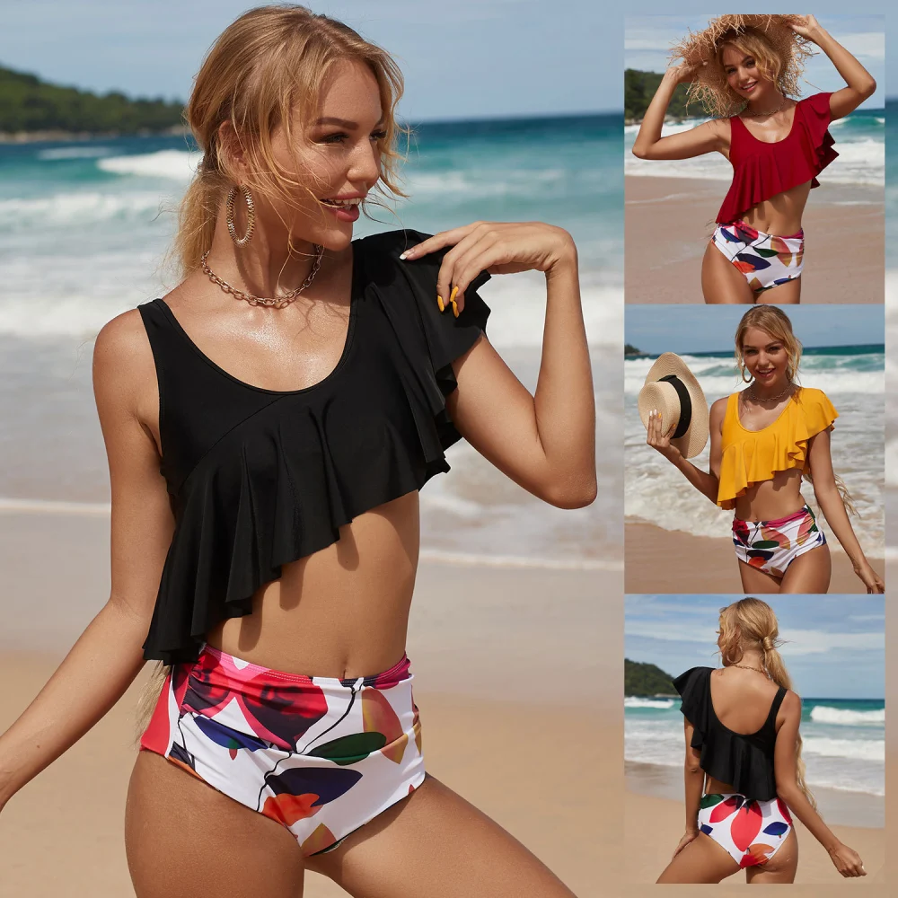 New One Shoulder Bikini Multicolor High Waist Print Swimsuit