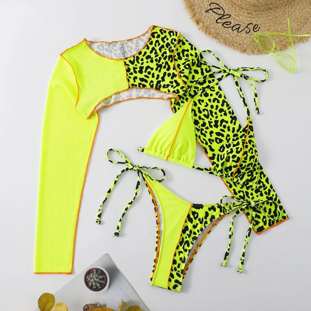 3-Piece Leopard Print Top Panel Sling Bikini