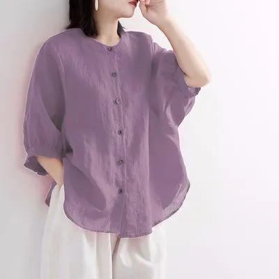Women's Retro Literary Cotton And Linen Shirt Lantern Sleeve Top Loose