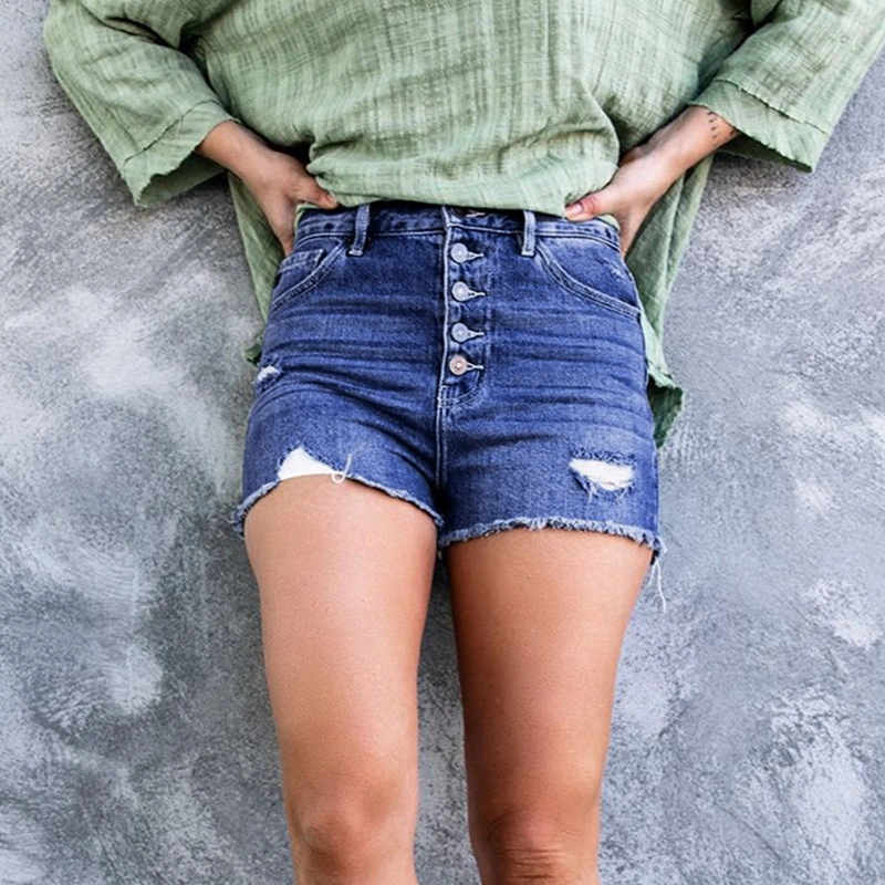 Stylish Breasted Shredded Stretch Jeans Shorts